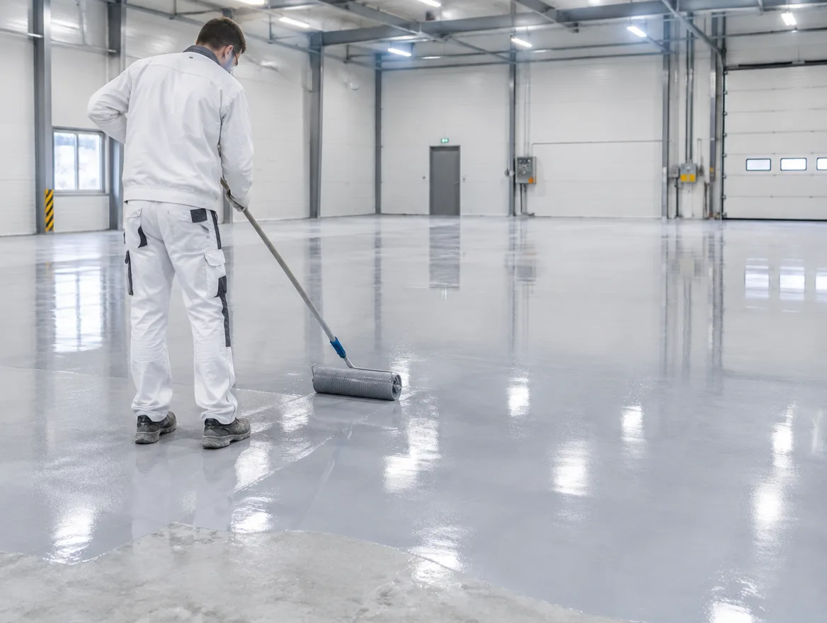 Bodenbeschichtung wird in einer Industriehalle aufgebracht