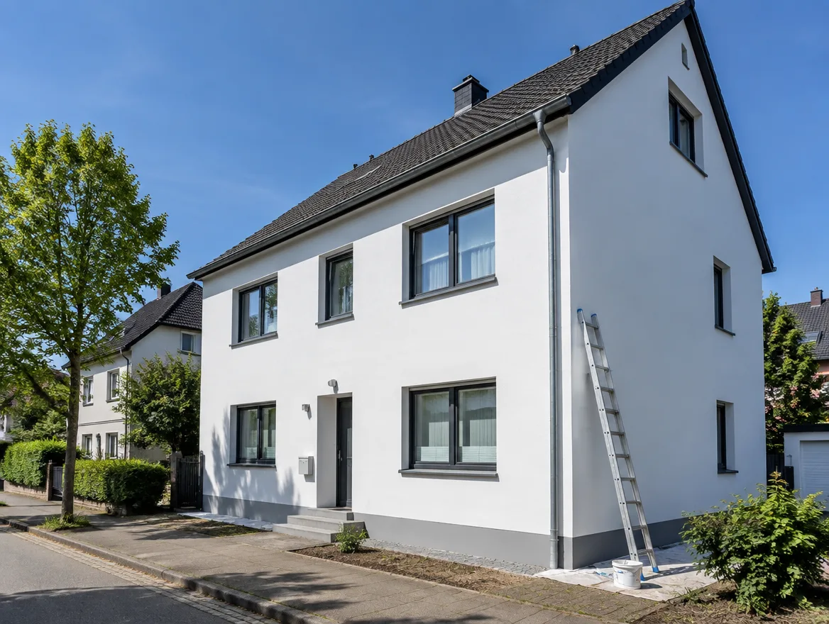 Frisch gestrichene weiße Fassade eines Mehrfamilienhauses