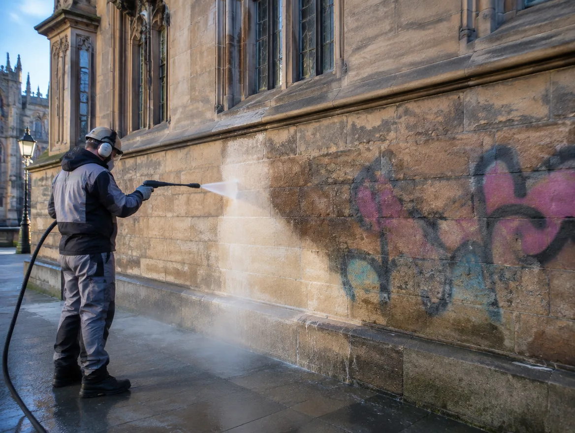 Graffitientfernung an einer Sandsteinfassade mit Hochdruckreiniger
