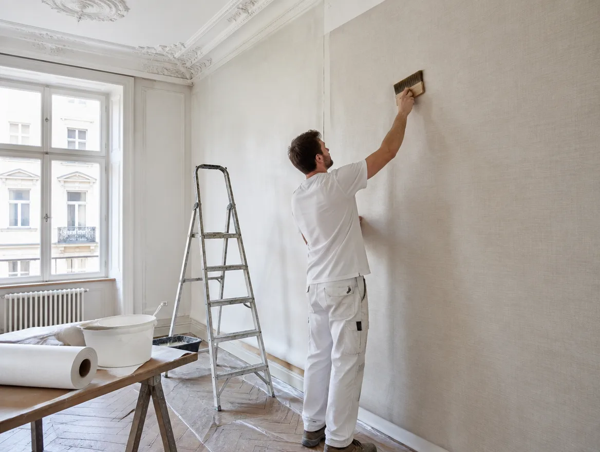 Maler tapeziert eine Wand in einer hellen Altbauwohnung