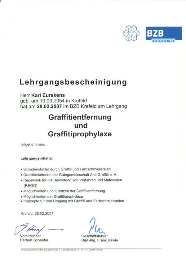 Zertifikat Graffitientfernung und Vorbeugung