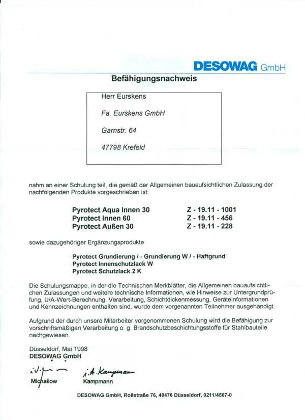 Zertifikat Materialien und Brandschutzbeschichtungen