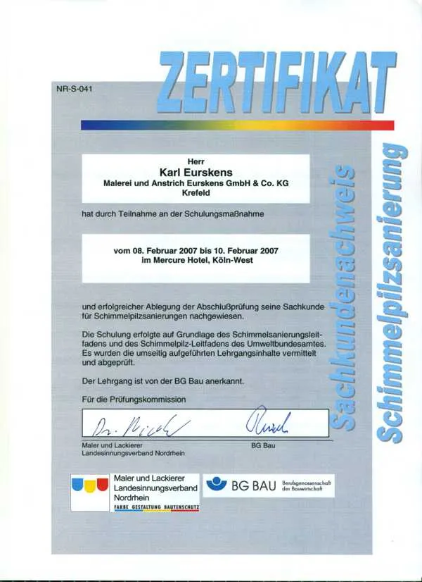 Zertifikat Schimmelpilzsanierung des Maler- und Lackierer-Landesinnungsverbands Nordrhein